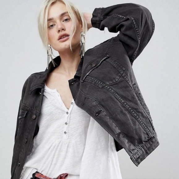 New Boho Embroidered Patch Denim Jean Jacket Oversized Coat Black - Picture 6 of 12